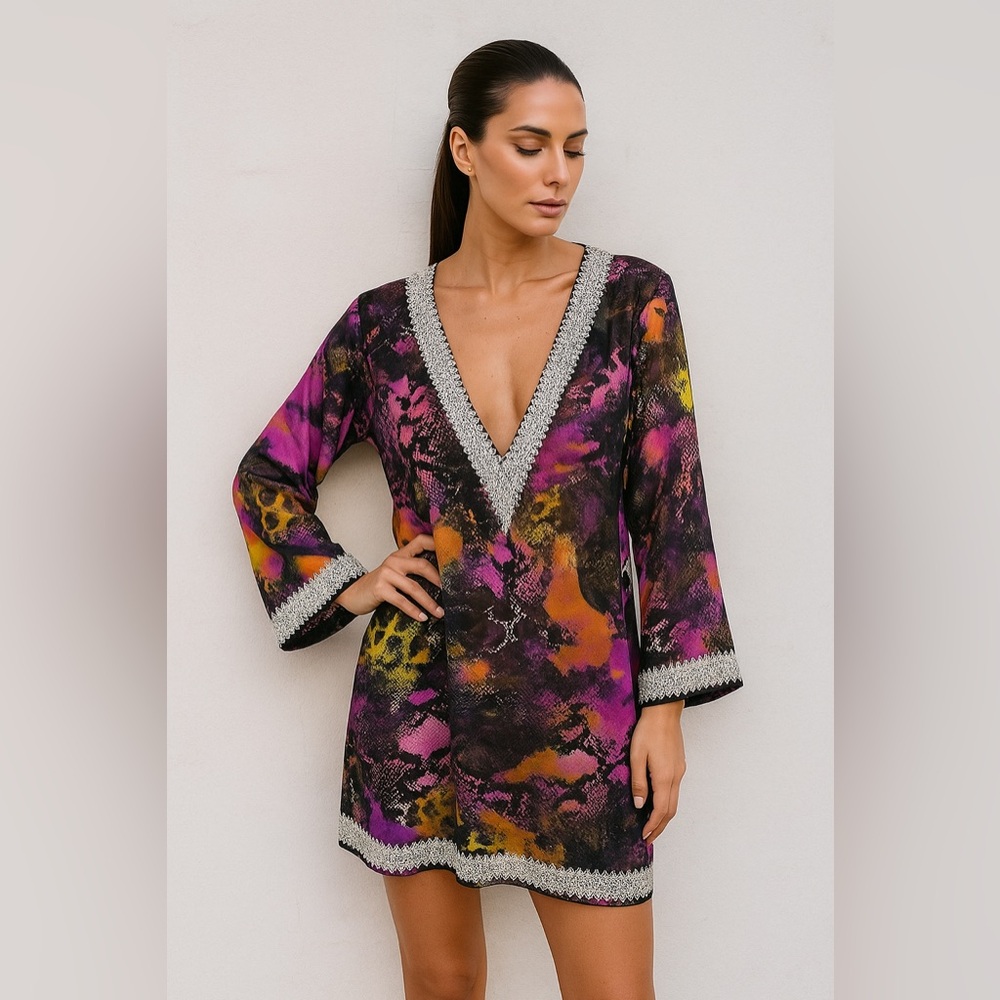 🛍️SALE🛍️Vibrant Multicolor V-Neck Boho Tunic Top Cover Up Mini Dress (100% Silk) - Picture 1 of 7